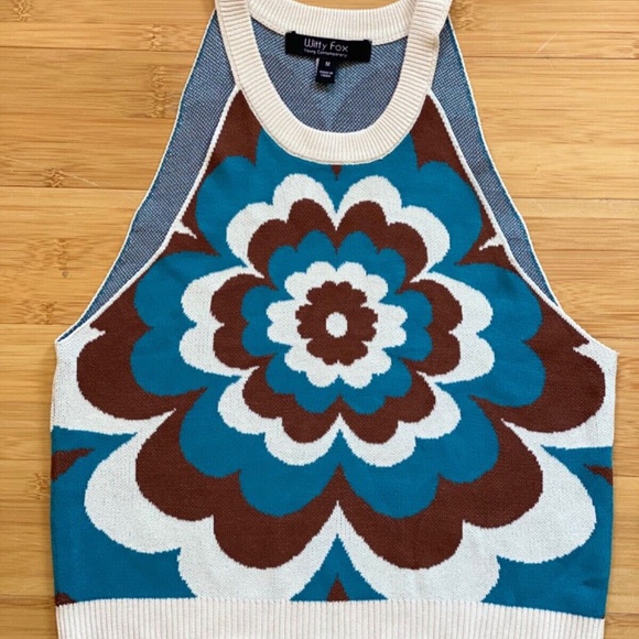 WITTY FOX M Groovy Psychedelic Crop Top Knit Y2K Inspire TEAL BROWN BEIGE Flower - Picture 1 of 10
